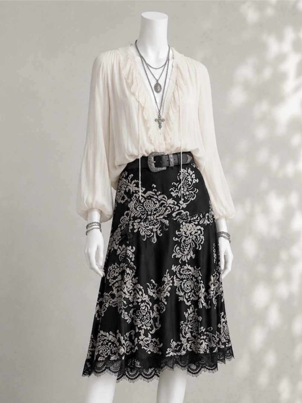 White House Black Market Black and Cream A-Line Lace Hem Skirt